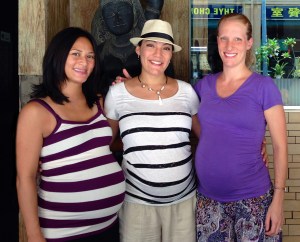 Hypnobirthing moms. Emily (right) and I are both 40 weeks pregnant in this photo. Juliana is 35 weeks along. 